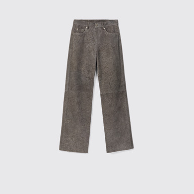 Side view of Suede Trousers Gray Wrinkled Suede Leather Trousers