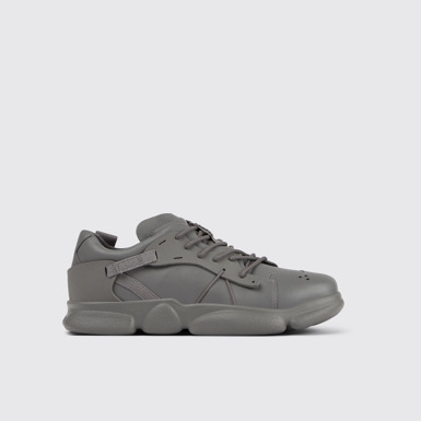 Side view of Karst Gray leather and textile sneakers for men