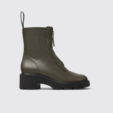 Side view of Milah Green leather zip boots for women