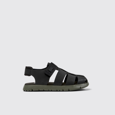 Side view of Oruga # Black Leather and Textile Kids' Sandal.
