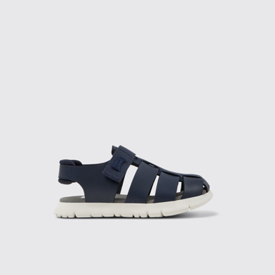 Side view of Oruga Blue Leather and Textile Sandals for Kids.