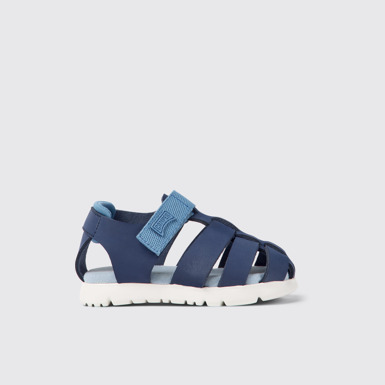 Side view of Oruga Blue leather and textile sandals for kids