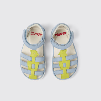 Overhead view of Miko Blue and green leather sandals for kids