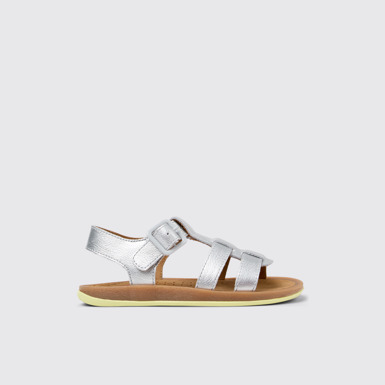 Side view of Bicho Silver Leather Kids' Sandal.