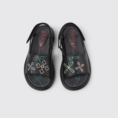 Overhead view of Twins Black Leather Sandals for Kids.