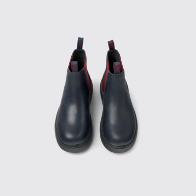 Overhead view of Norte Blue and burgundy leather boots for kids