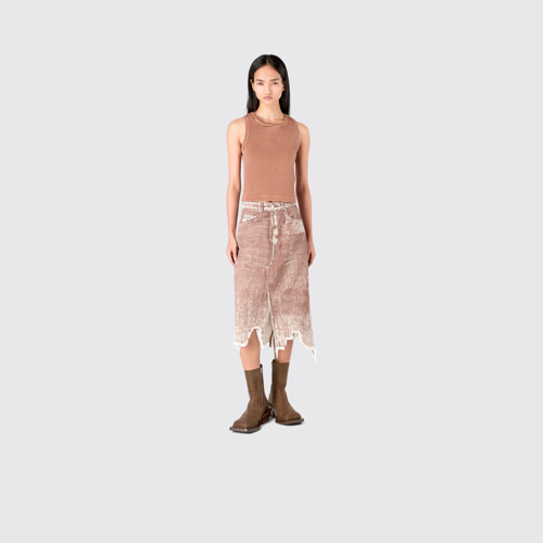 Image of Denim Skirt Terracotta Paint Print Denim Skirt