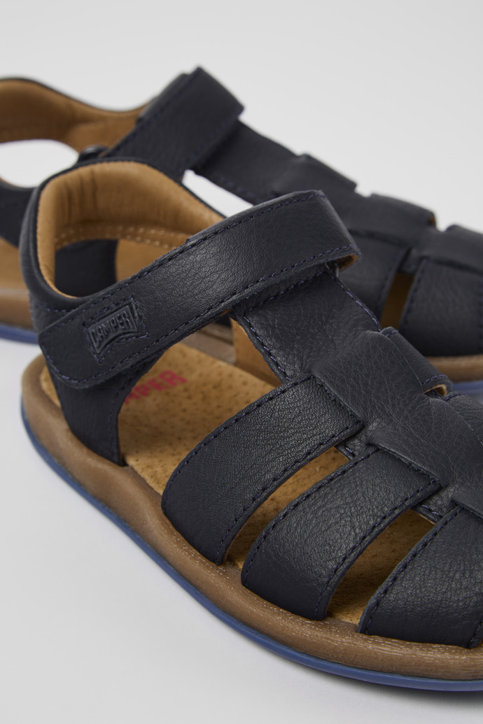 Close-up view of Bicho Dark blue leather sandals for kids