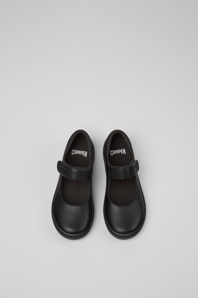 Overhead view of Spiral Comet Black Leather Shoes for Kids.