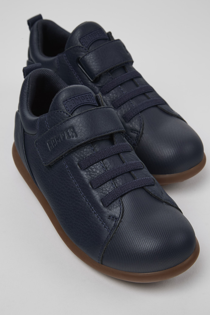 Close-up view of Pelotas Navy blue leather and textile shoes for kids